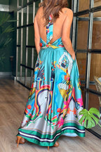 Unique Print Cowl Neck Tie Knot Backless Top and Pocketed Maxi Skirt Set