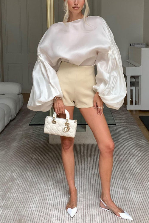 Stylish Boat Neck Puff Sleeves Satin Top