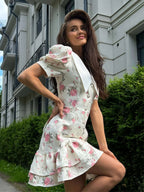 Waist Printed Floral Lapel Puff Sleeve Sweet Mini&Short Dresses