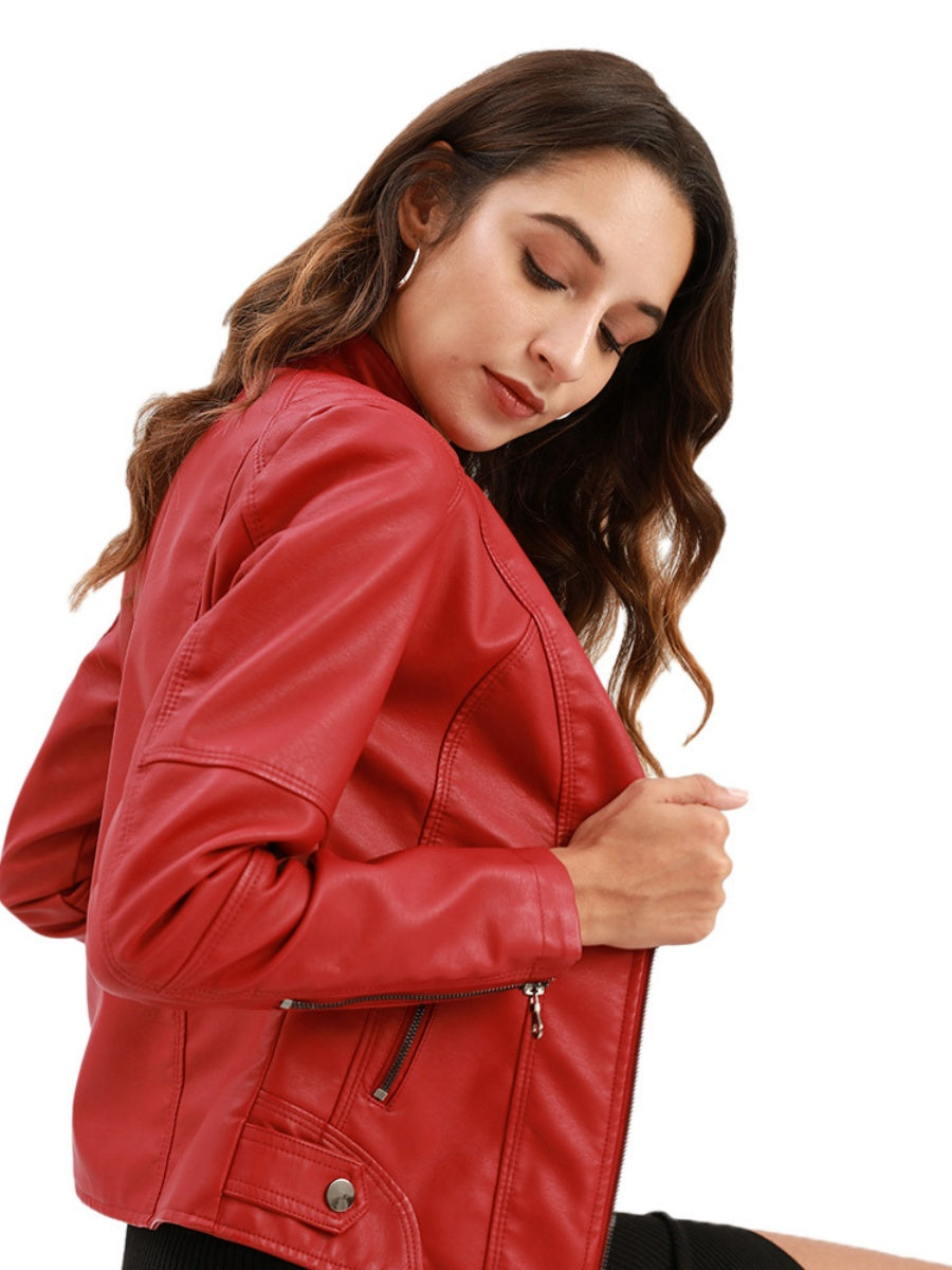 Street Cool Thin Stand Collar Zipper Leather Jacket