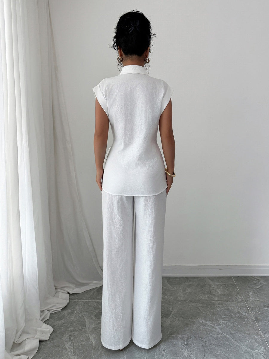Lapel Sleeveless Kink Shirts Wide-leg Pants Business Suit 2-piece Sets