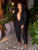 Deep V Backless Tight-fitting, Hip-lifting, Long-sleeved, Solid Color Bodysuits