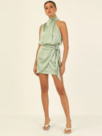 Satin Belted Sleeveless Stand Collar Tie Waist Short Dress
