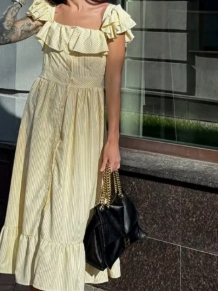 Square Collar Ruffle Button Slit Big Swing Sweet Maxi Dresses