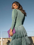 Long Sleeve Deep V Tassel Maxi Dresses