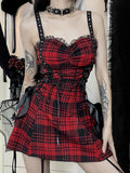 Plaid Corset Lace Up Bow Detail Spaghetti Strap Mini Dress