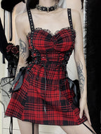 Plaid Corset Lace Up Bow Detail Spaghetti Strap Mini Dress