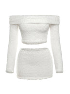 Solid Off Shoulder Fuzzy Long Sleeve Tee & Mini Skirt Set