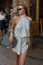 White Halter Mock Neck Ruffle Shorts Polka Dot Romper