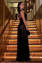 Halter Sweetheart Corset Bodice Sheer Tulle Overlay Maxi Dress