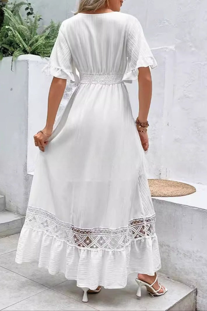 Crochet Lace Panel Flutter Sleeve Tiered Ruffle Maxi Dress