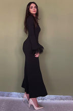 Black Feather Trim Bodycon Maxi Sweater Dress