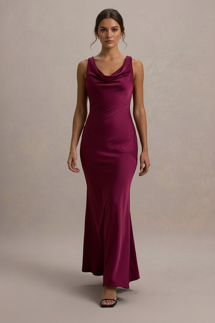 Satin Cowl Neck Spaghetti Strap Diagonal Panel Column Maxi Dress