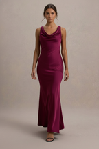 Satin Cowl Neck Spaghetti Strap Diagonal Panel Column Maxi Dress