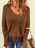 Blue Zone Planet | Fringe V-Neck Dropped Shoulder Sweater