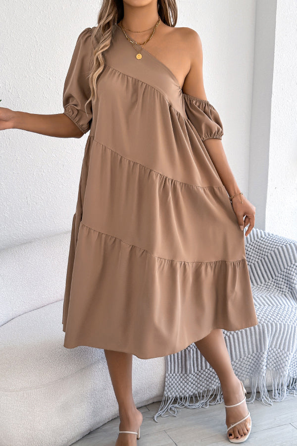 Solid Color Loose Slash Neck Short-sleeved Casual Midi Dress