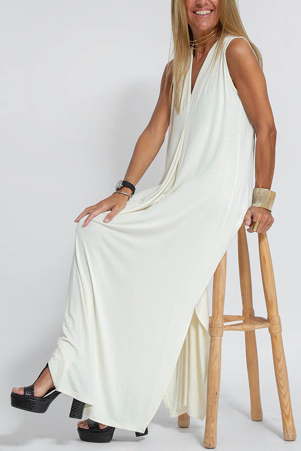 Deep V-Neck Center Pleat Sleeveless Flowy Maxi Dress