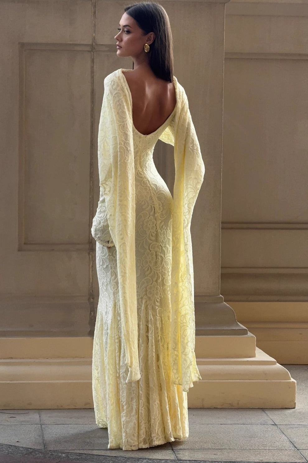 Square Neck Long Sleeve Floral Lace Front Knot Drape Panel Maxi Dress