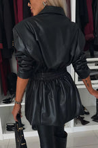 Fashionable Items Faux Leather Button Up Elastic Waistband Lapel Blazer
