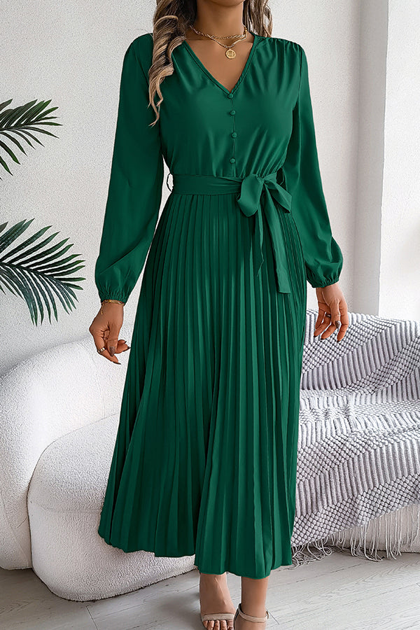 Deep V-Neck Bishop Sleeve Button Front Pleated Belted Midi Dress