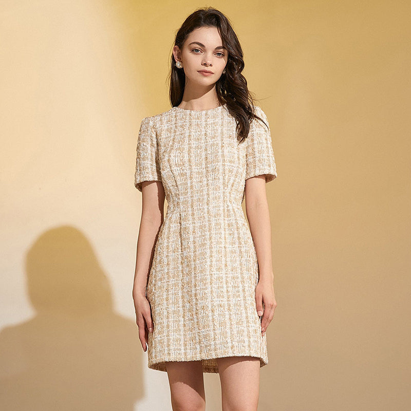 Tweed Grid Pattern Short Sleeve Crew Neck A-Line Mini Dress