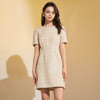 Tweed Grid Pattern Short Sleeve Crew Neck A-Line Mini Dress