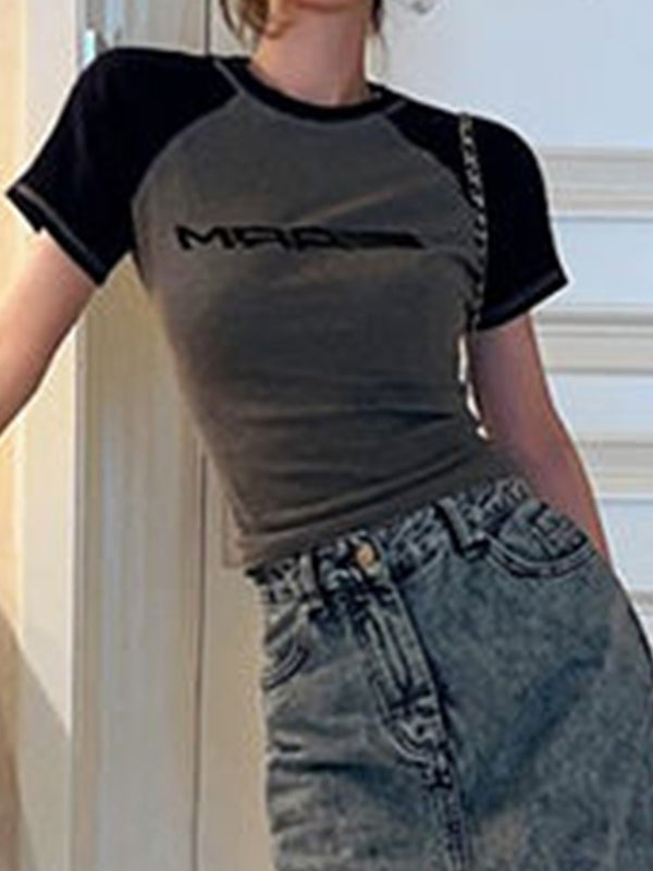 Raglan Contrast Color Slim Short Sleeve Tee