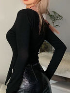 Bat Print Breasted Irregular Hem Long Sleeve Tee