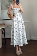 Ultimate Elegance Polka Dot Print Square Neck tie-up waist Flare midi Dress