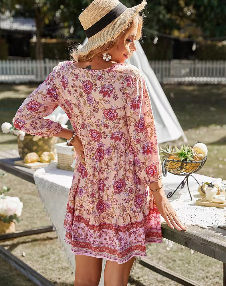 Deep V-Neck Floral Border Print Bishop Sleeve Button Front Babydoll Mini Dress