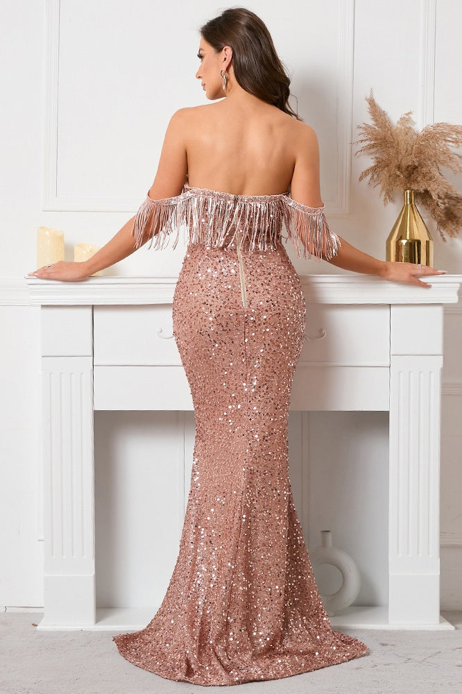 Sequin Off Shoulder Fringe Trim Mermaid Maxi Gown