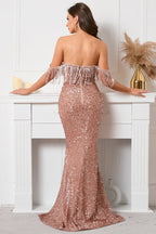 Sequin Off Shoulder Fringe Trim Mermaid Maxi Gown