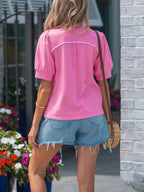 Notched Short Puff Sleeve Blouse