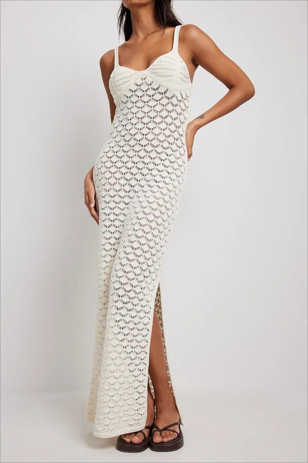 White Spaghetti Strap Sweetheart Crochet Knit Side Slit Maxi Dress