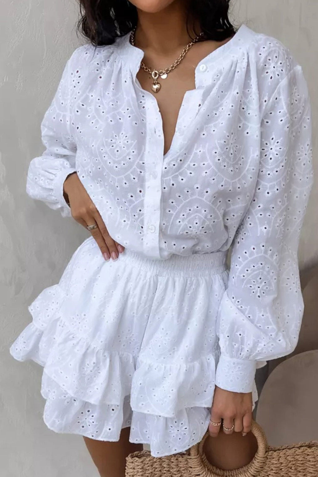 Hollow-out Jacquard Blouse Tiered Shorts Set