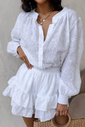 Hollow-out Jacquard Blouse Tiered Shorts Set