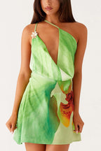 Floral Cowl Neck One-shoulder Mini Dress