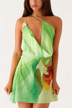 Abstract Print Satin Asymmetrical One Shoulder Draped Cowl Neck Mini Dress