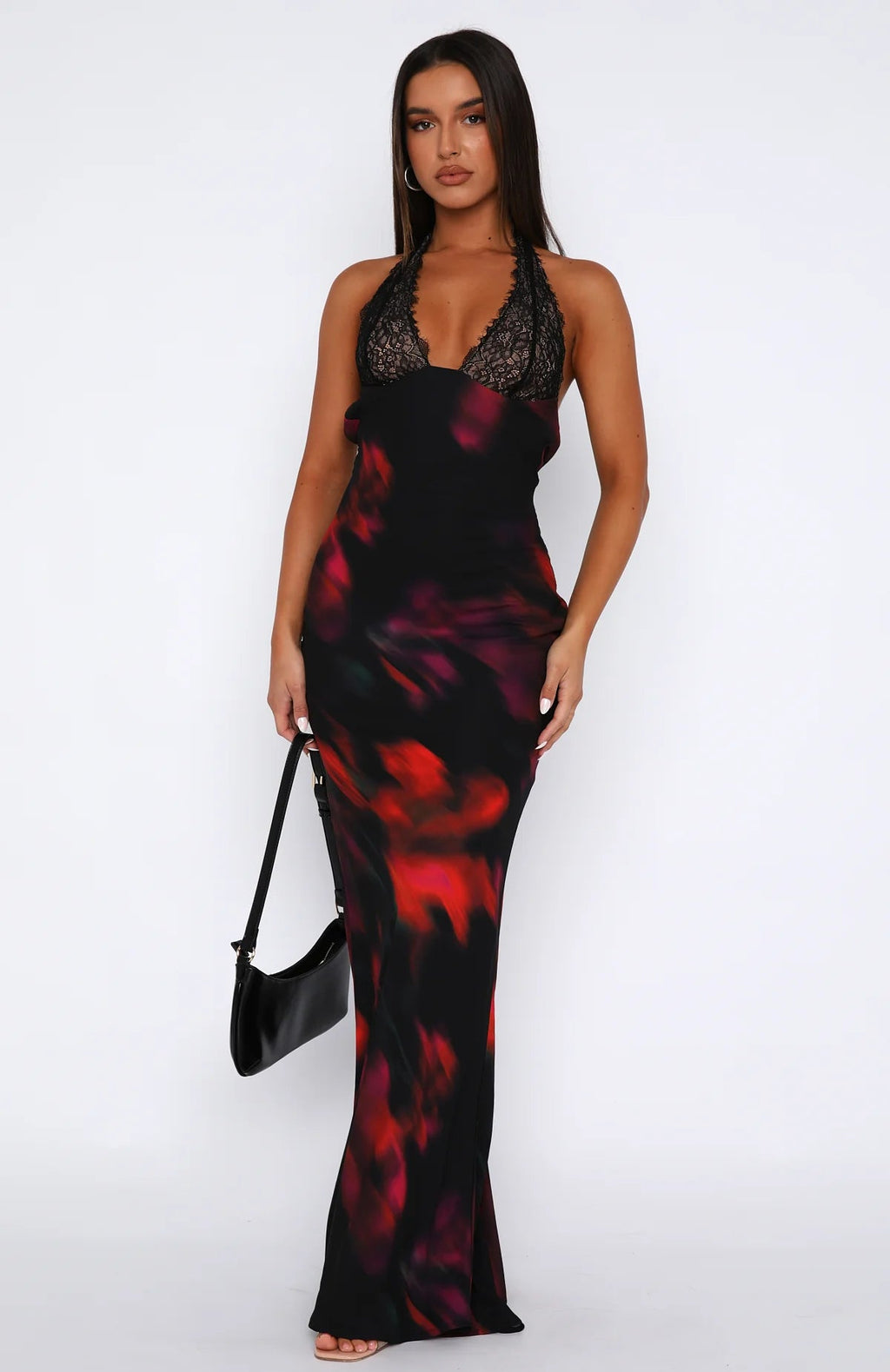 Lace Trim Abstract Print Spaghetti Strap V-Neck Slip Maxi Dress