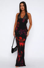 Lace Trim Abstract Print Spaghetti Strap V-Neck Slip Maxi Dress