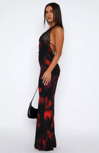 Lace Trim Abstract Print Spaghetti Strap V-Neck Slip Maxi Dress