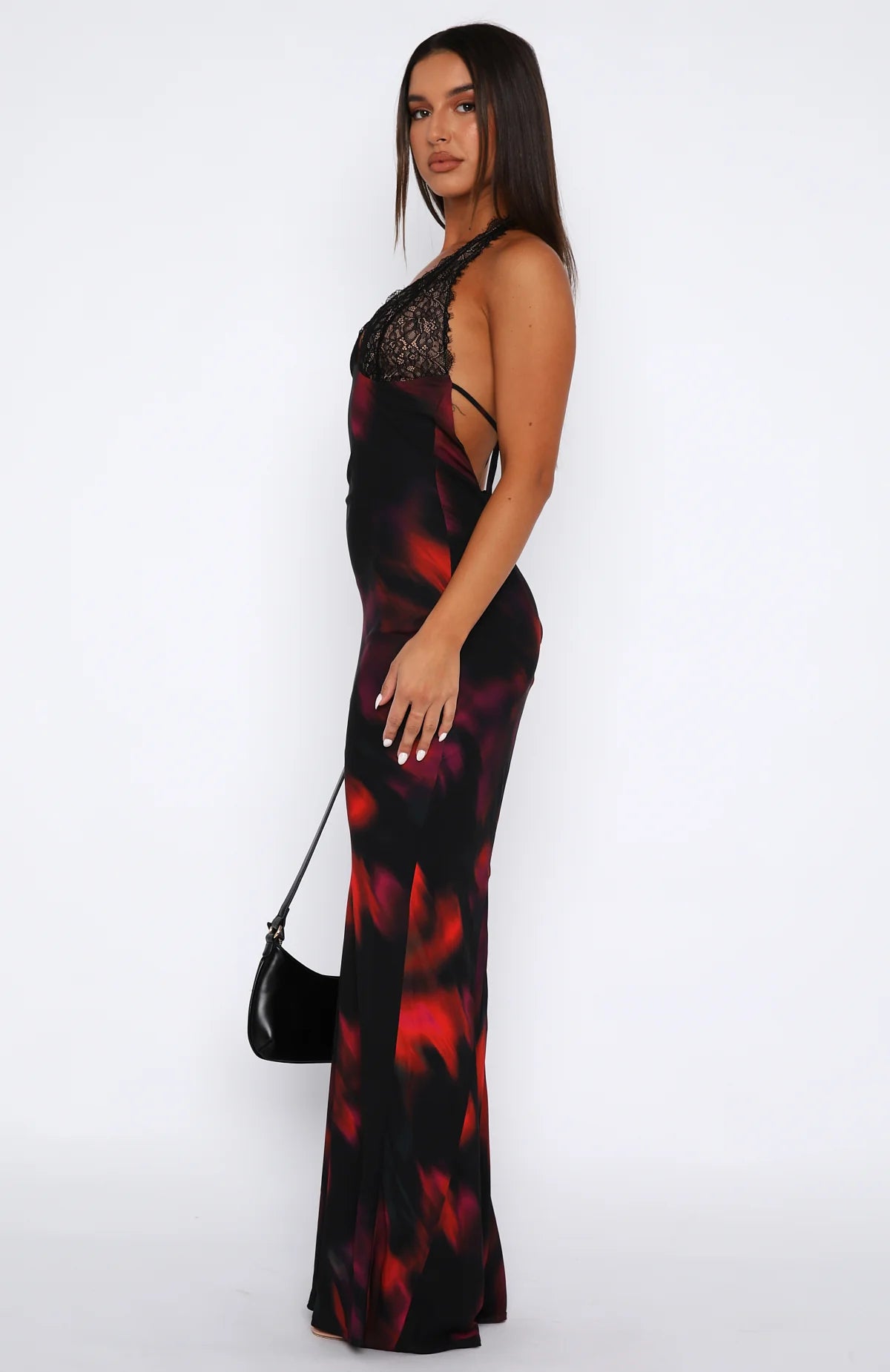 Lace Trim Abstract Print Spaghetti Strap V-Neck Slip Maxi Dress