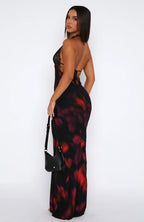 Lace Trim Abstract Print Spaghetti Strap V-Neck Slip Maxi Dress
