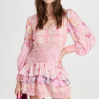 Patchwork Floral Long Sleeve Lace Trim Tiered Ruffle Mini Dress