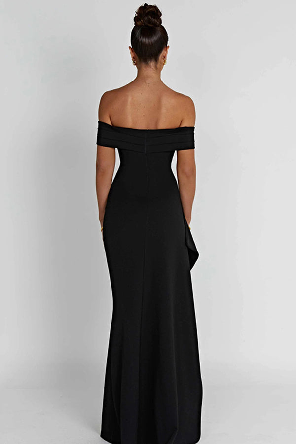 Off Shoulder Ruched Bodycon High Split Maxi Dress