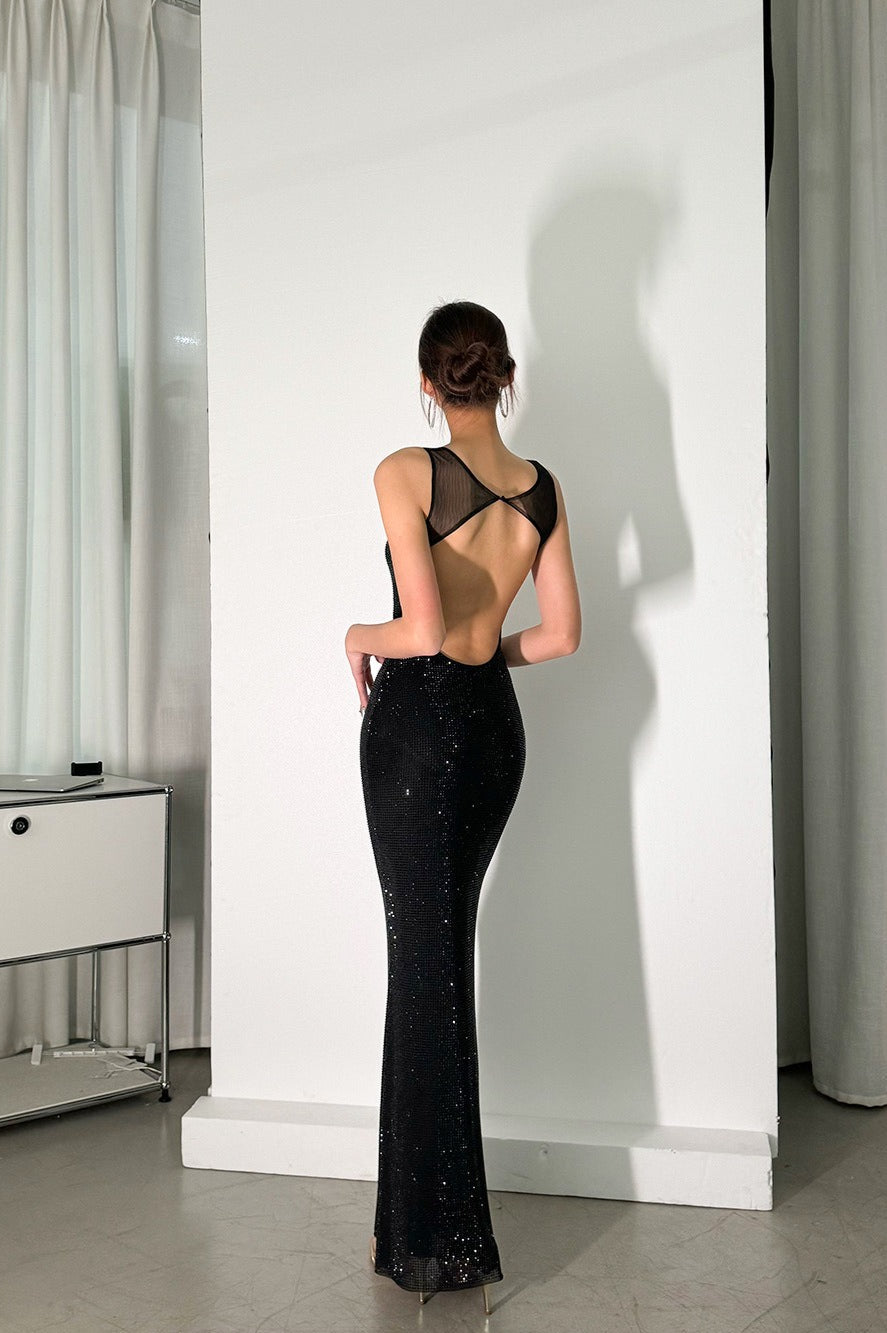Sequin Mesh Strap Scoop Neck Mermaid Maxi Formal Gown