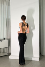 Sequin Mesh Strap Scoop Neck Mermaid Maxi Formal Gown
