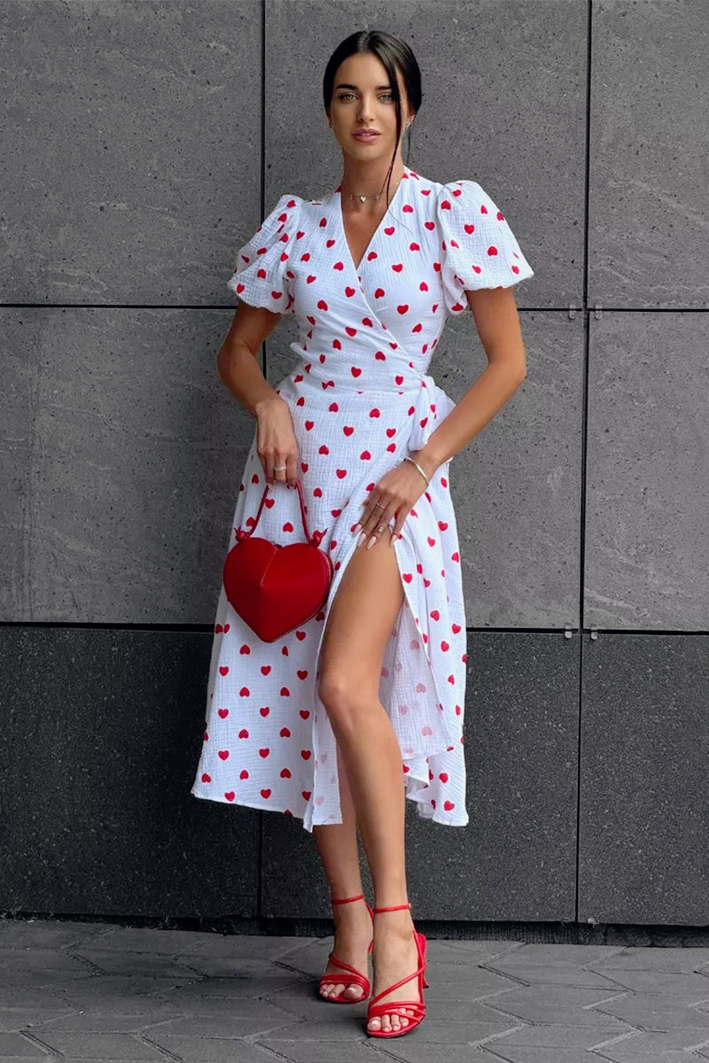 Puff Sleeve Heart Print Wrap Tie Waist Thigh Slit Midi Dress