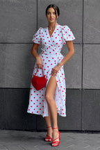 Puff Sleeve Heart Print Wrap Tie Waist Thigh Slit Midi Dress