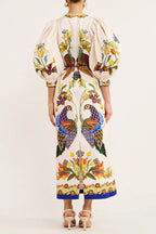 Bird Print Puff Sleeve Belted Border Hem Midi Dress